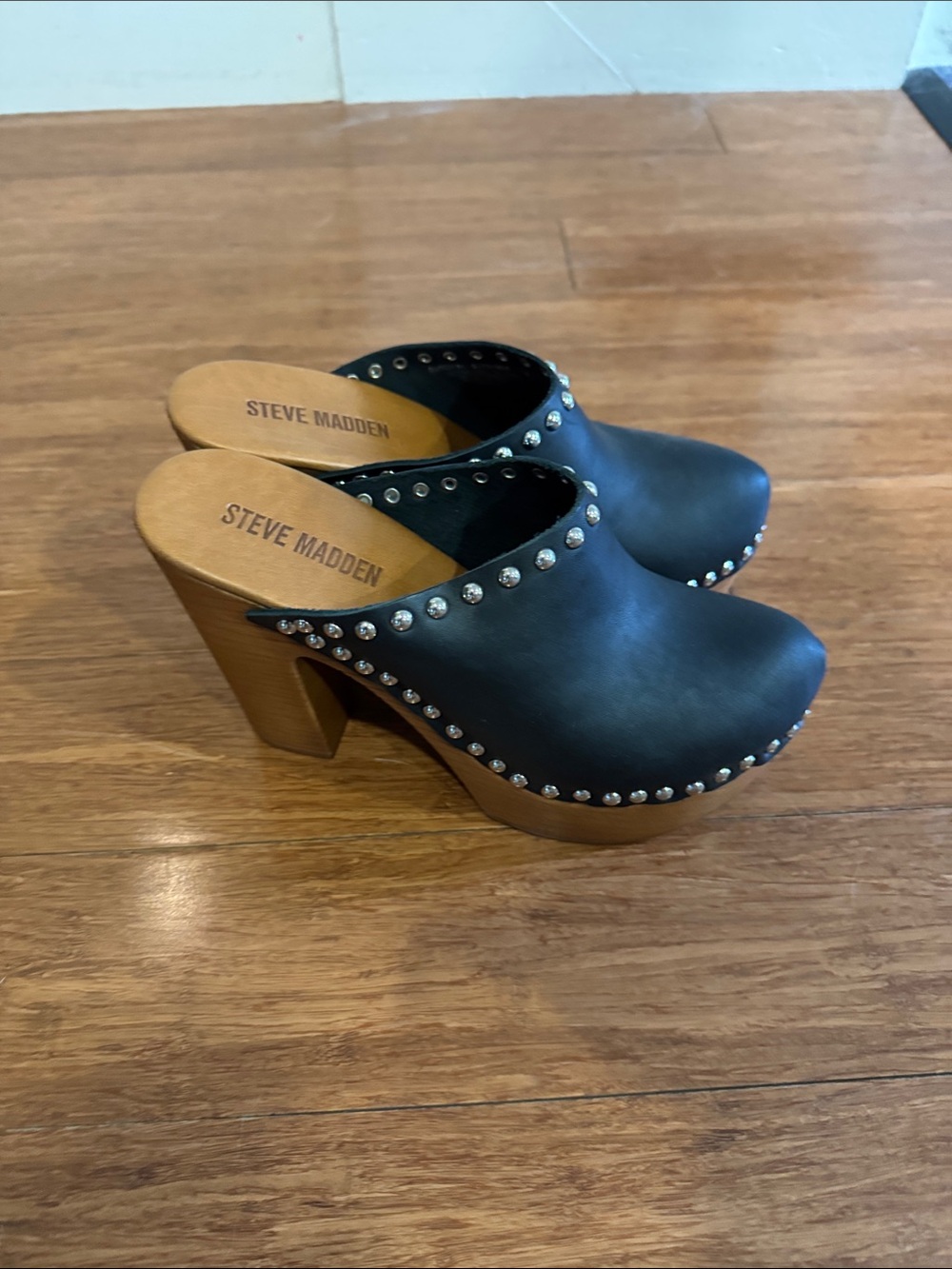 Steve Madden Black Leather Studded Platform Clogs